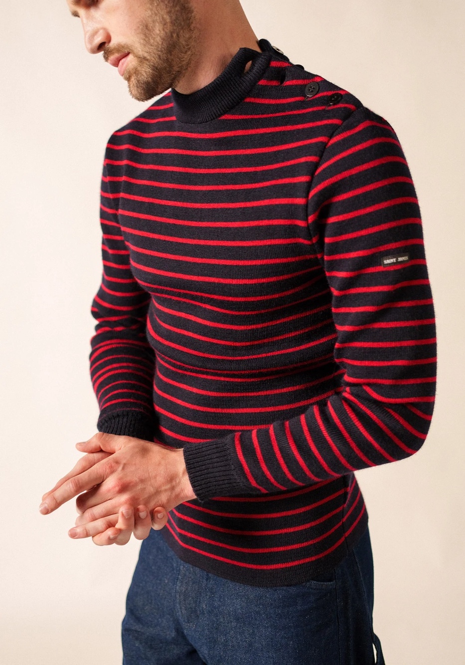Saint James Matelot Breton Sailor Jumper Red Black Striped Crew Neck